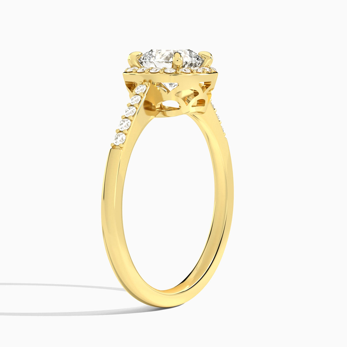 Cushion Sovereign Charm Halo Lab Diamond Engagement Ring In 18K Yellow Gold, Angle View