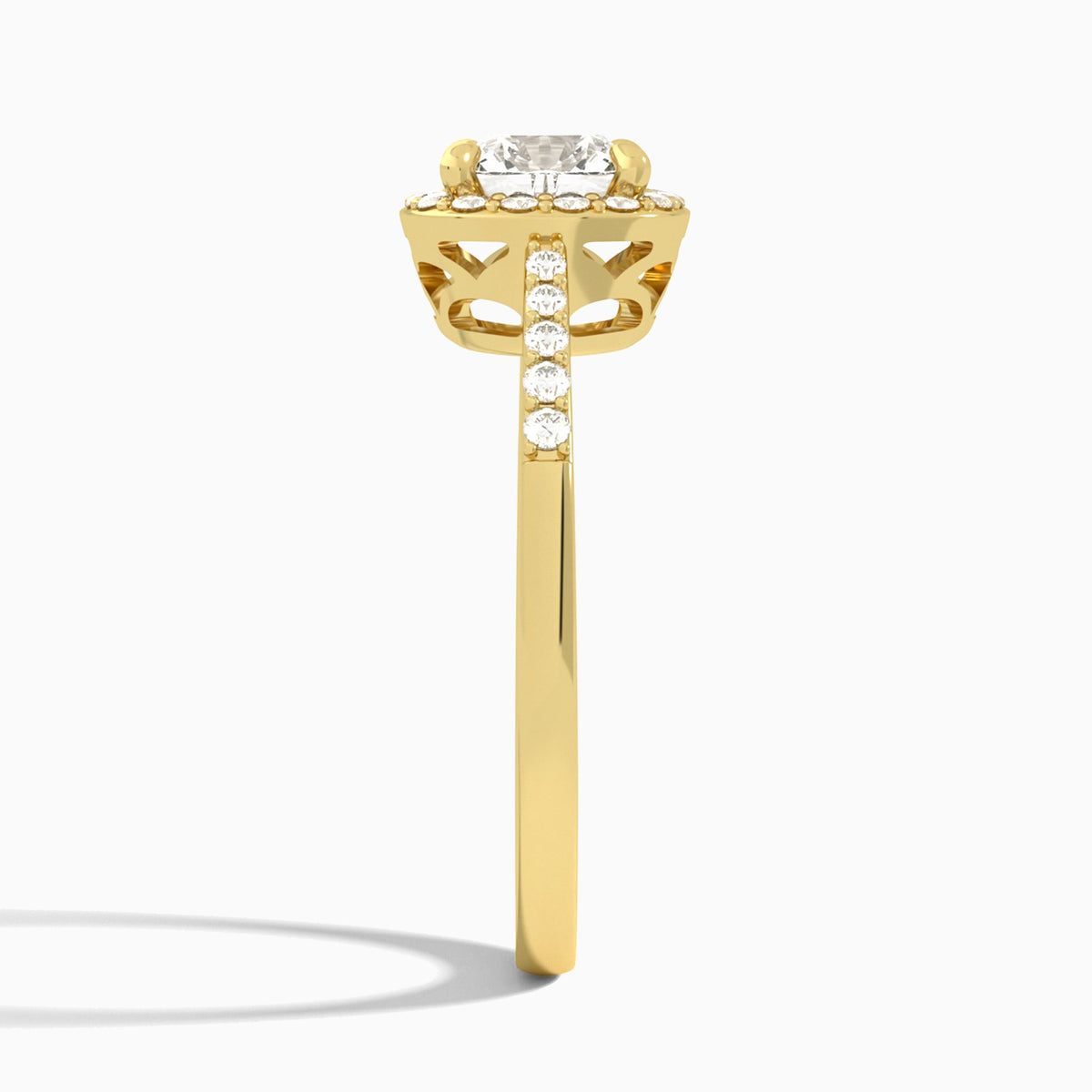 Cushion Sovereign Charm Halo Lab Diamond Engagement Ring In 18K Yellow Gold, Side View