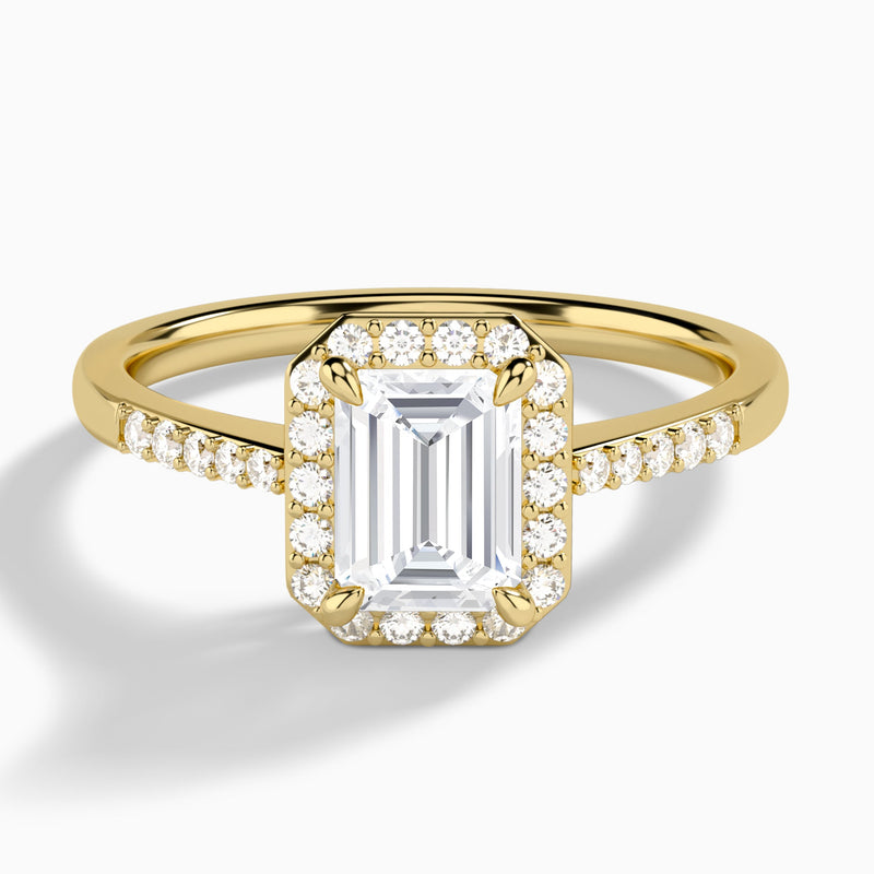 Emerald Sovereign Charm Halo Lab Diamond Engagement Ring In 18K Yellow Gold - Lucenjuri