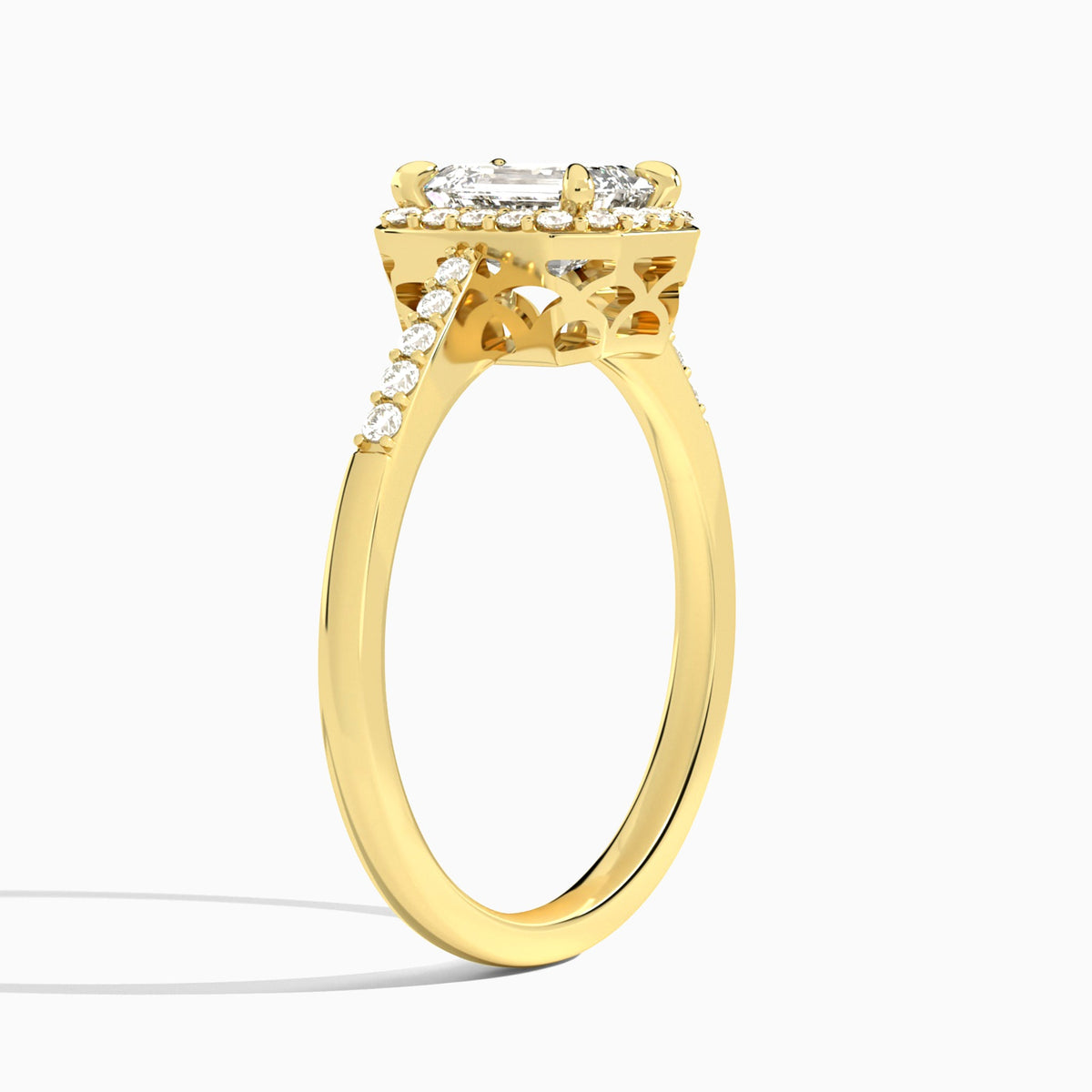 Emerald Sovereign Charm Halo Lab Diamond Engagement Ring In 14K Yellow Gold, Angle View