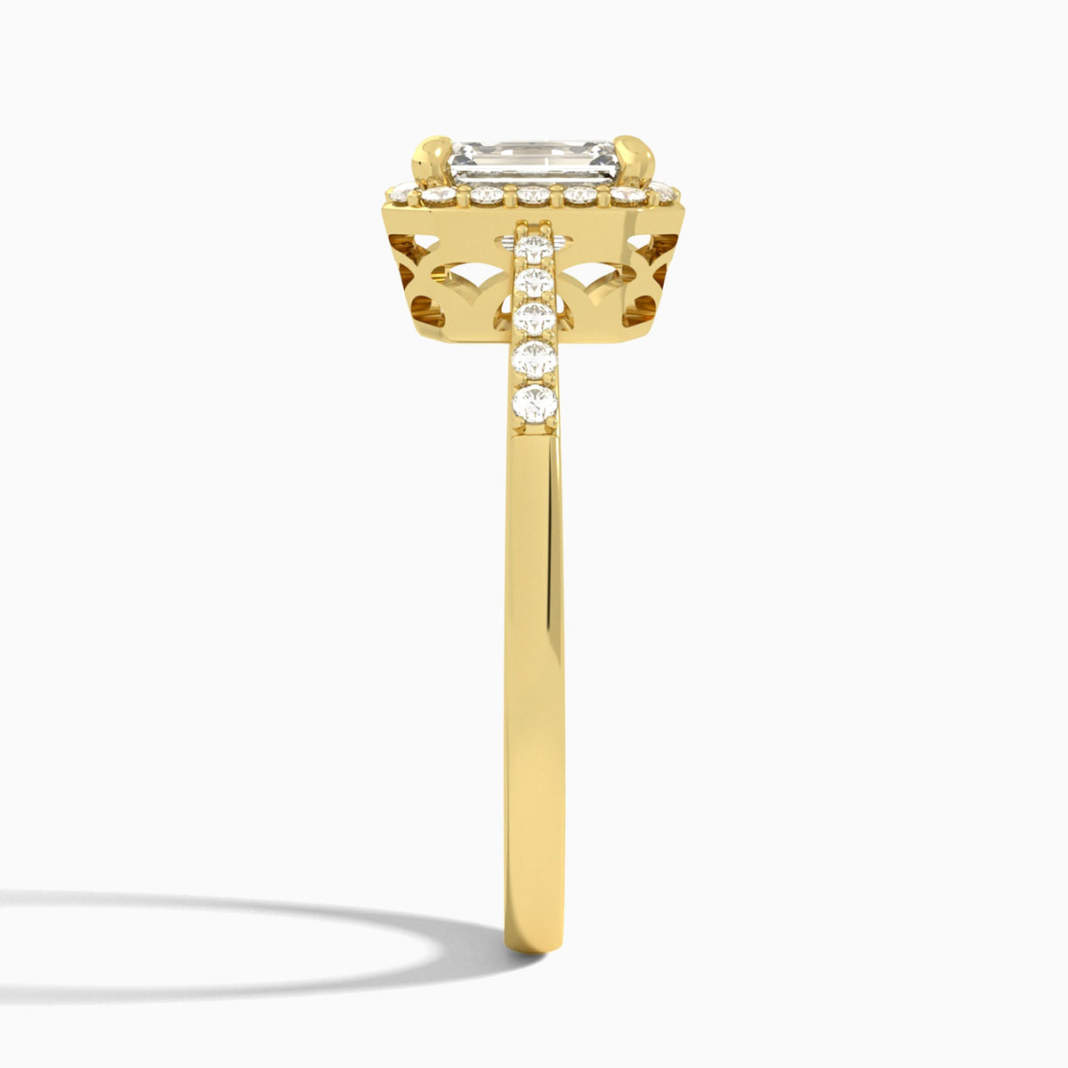 Emerald Sovereign Charm Halo Lab Diamond Engagement Ring In 14K Yellow Gold, Side View