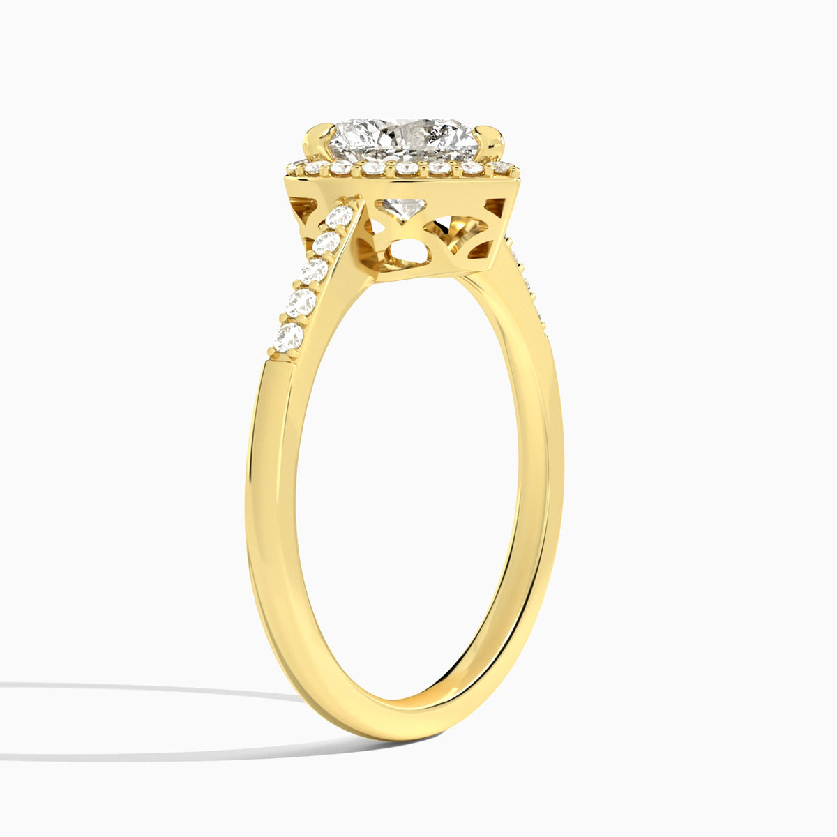 Heart Sovereign Charm Halo Lab Diamond Engagement Ring In 18K Yellow Gold, Angle View