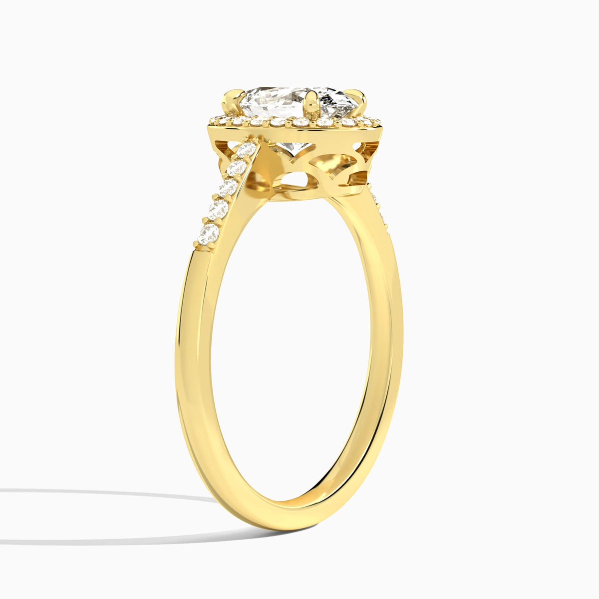 Oval Sovereign Charm Halo Lab Diamond Engagement Ring In 18K Yellow Gold, Angle View