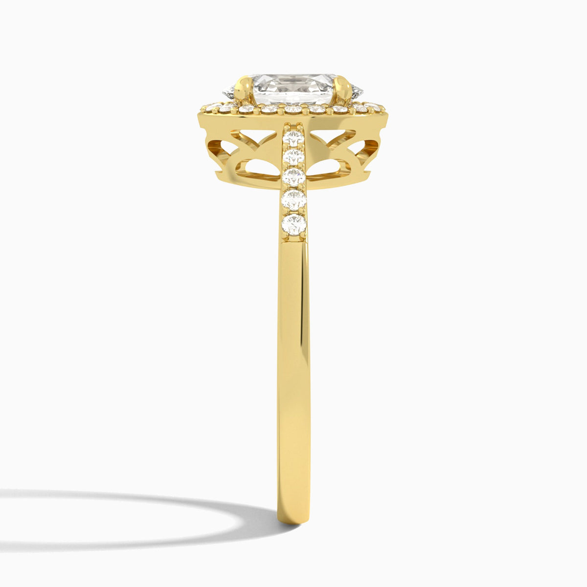 Oval Sovereign Charm Halo Lab Diamond Engagement Ring In 14K Yellow Gold, Side View