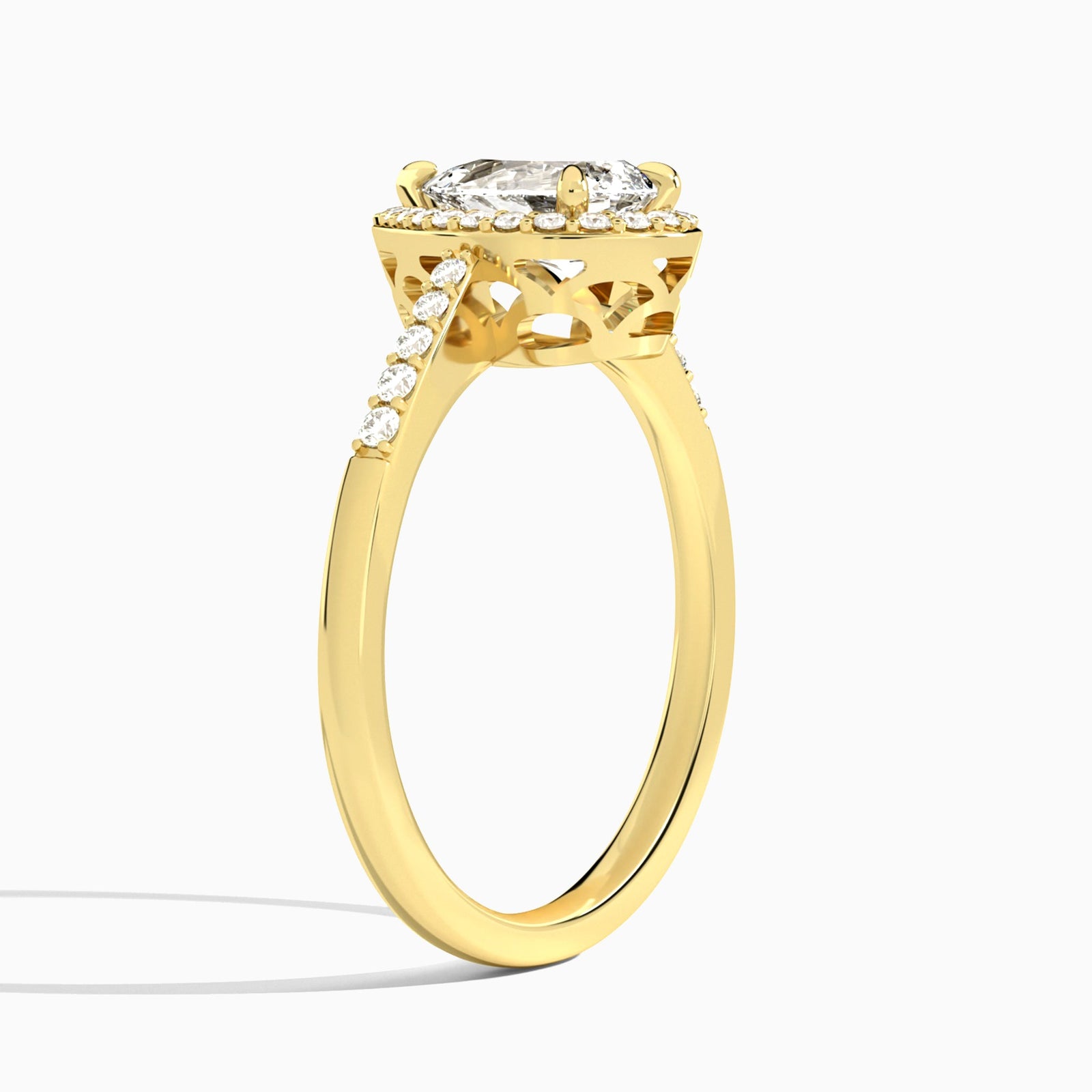 Pear Sovereign Charm Halo Lab Diamond Engagement Ring In 14K Yellow Gold, Angle View