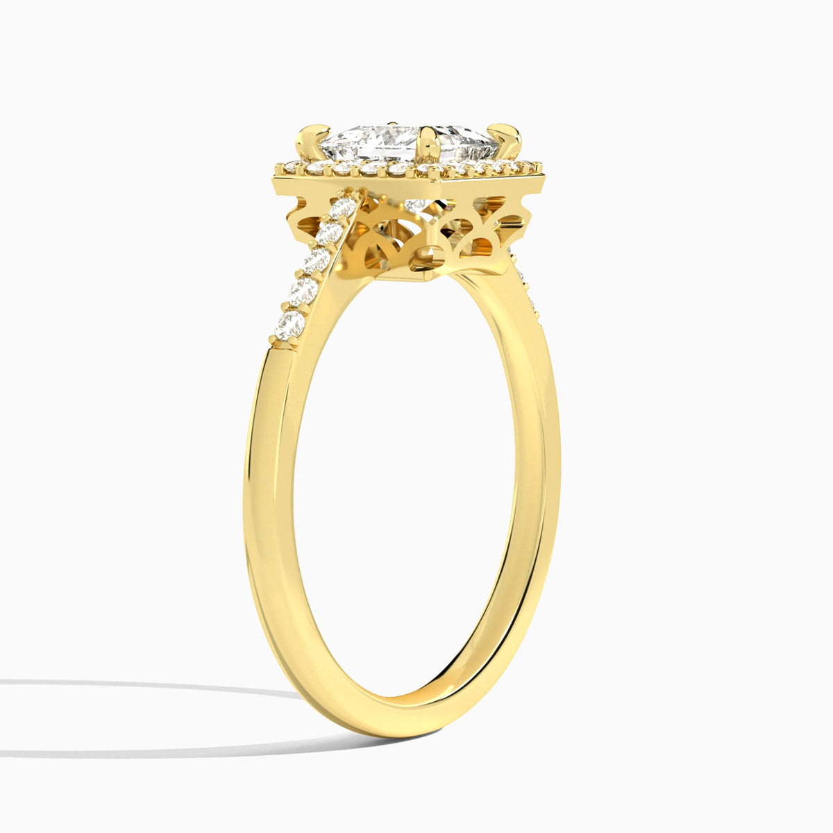 Princess Sovereign Charm Halo Lab Diamond Engagement Ring In 14K Yellow Gold, Angle View