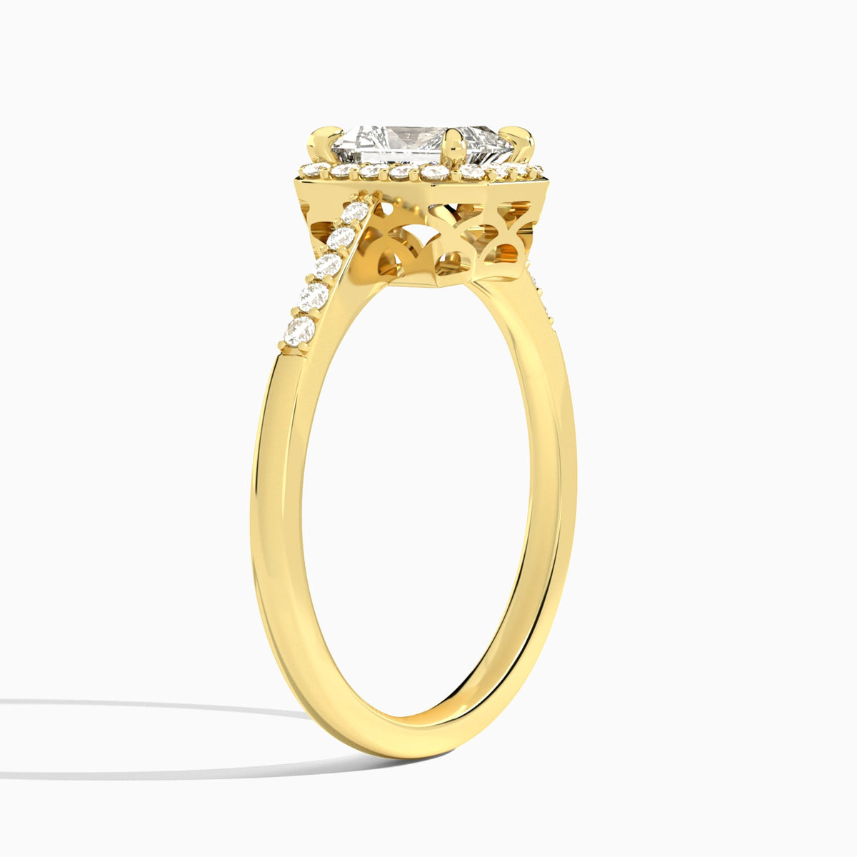 Radiant Sovereign Charm Halo Lab Diamond Engagement Ring In 18K Yellow Gold, Angle View