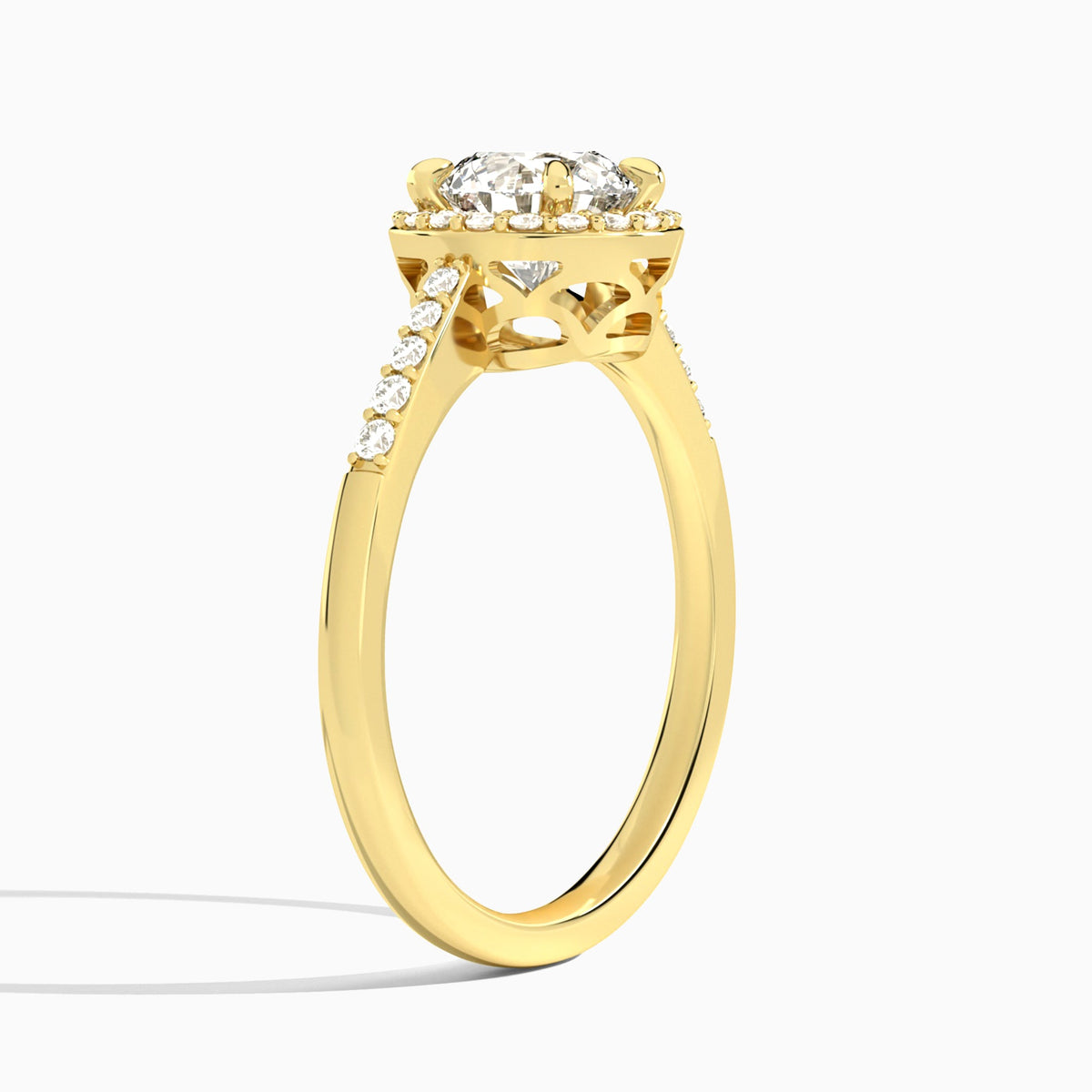 Round Sovereign Charm Halo Lab Diamond Engagement Ring In 18K Yellow Gold, Angle View