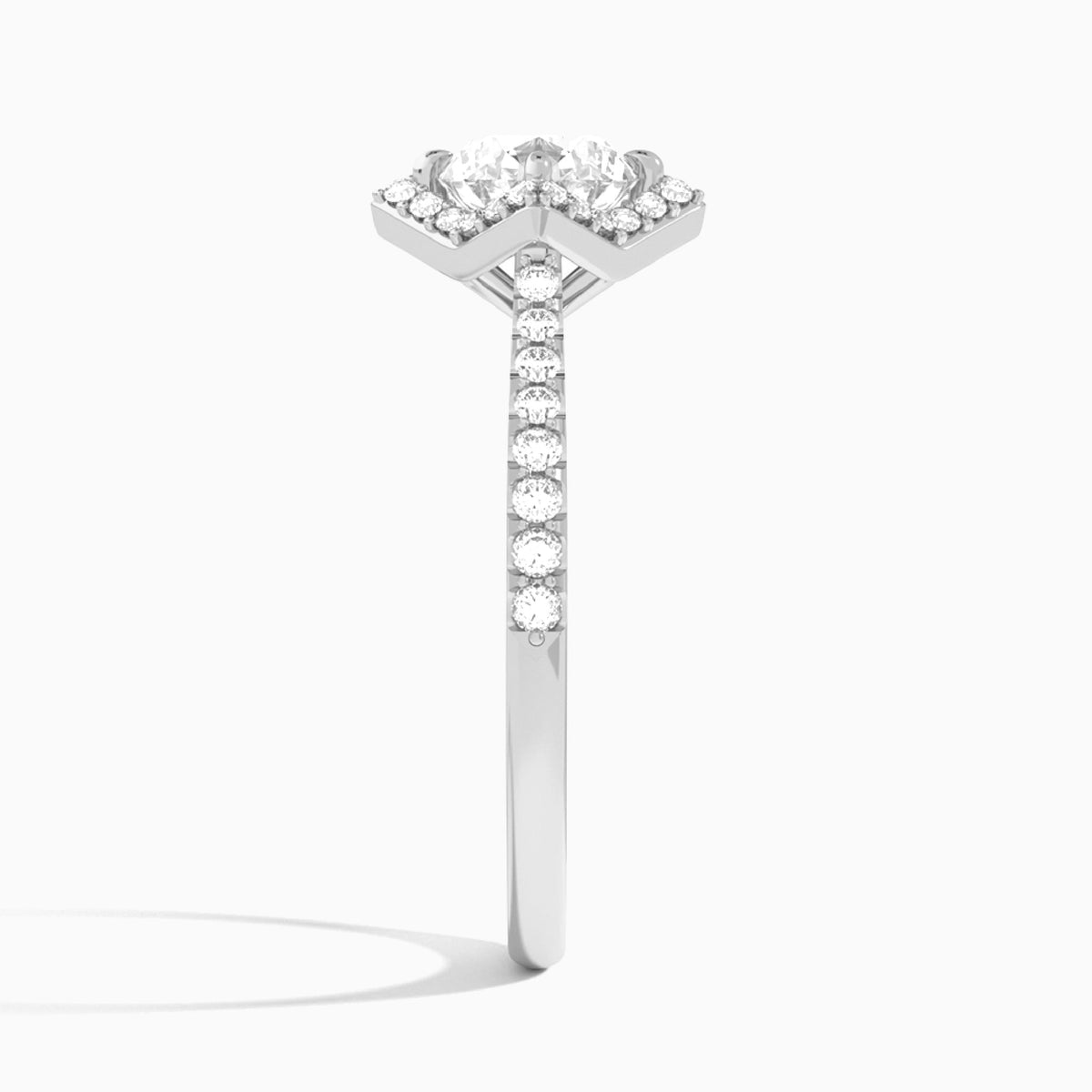 Round Luxe Kite Set Lab Grown Diamond Engagement Ring In 18K White Gold, Side View