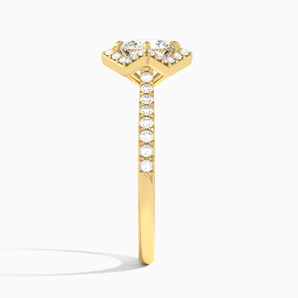 Cushion Luxe Kite Set Lab Diamond Engagement Ring In 18K Yellow Gold, Side View