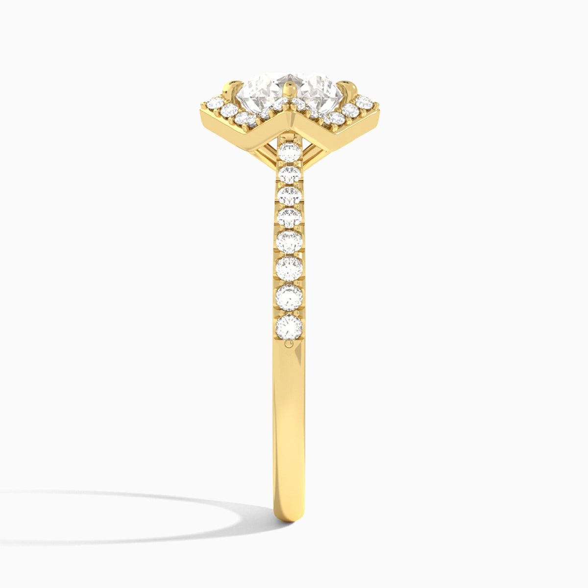 Round Luxe Kite Set Lab Diamond Engagement Ring In 18K Yellow Gold, Side View