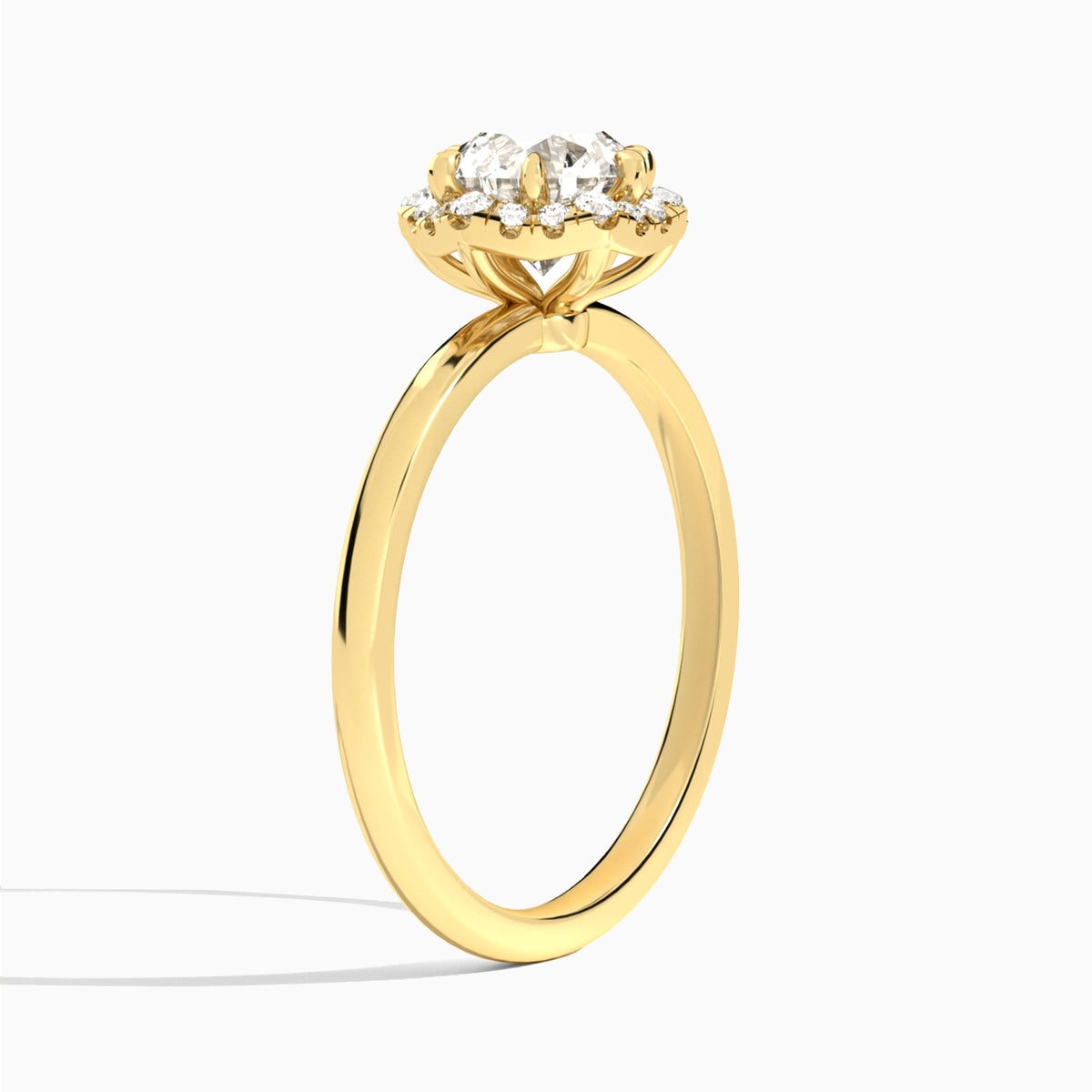 Round Eliza Halo Lab Grown Diamond Engagement Ring In 18K Yellow Gold, Angle View
