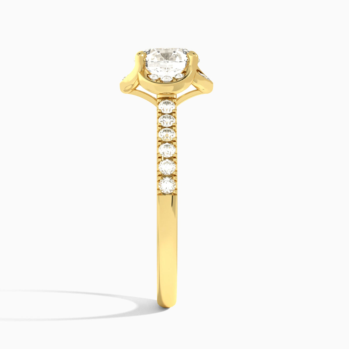 Cushion Eleanor Halo Lab Grown Diamond Engagement Ring In 18K Yellow Gold, Side View