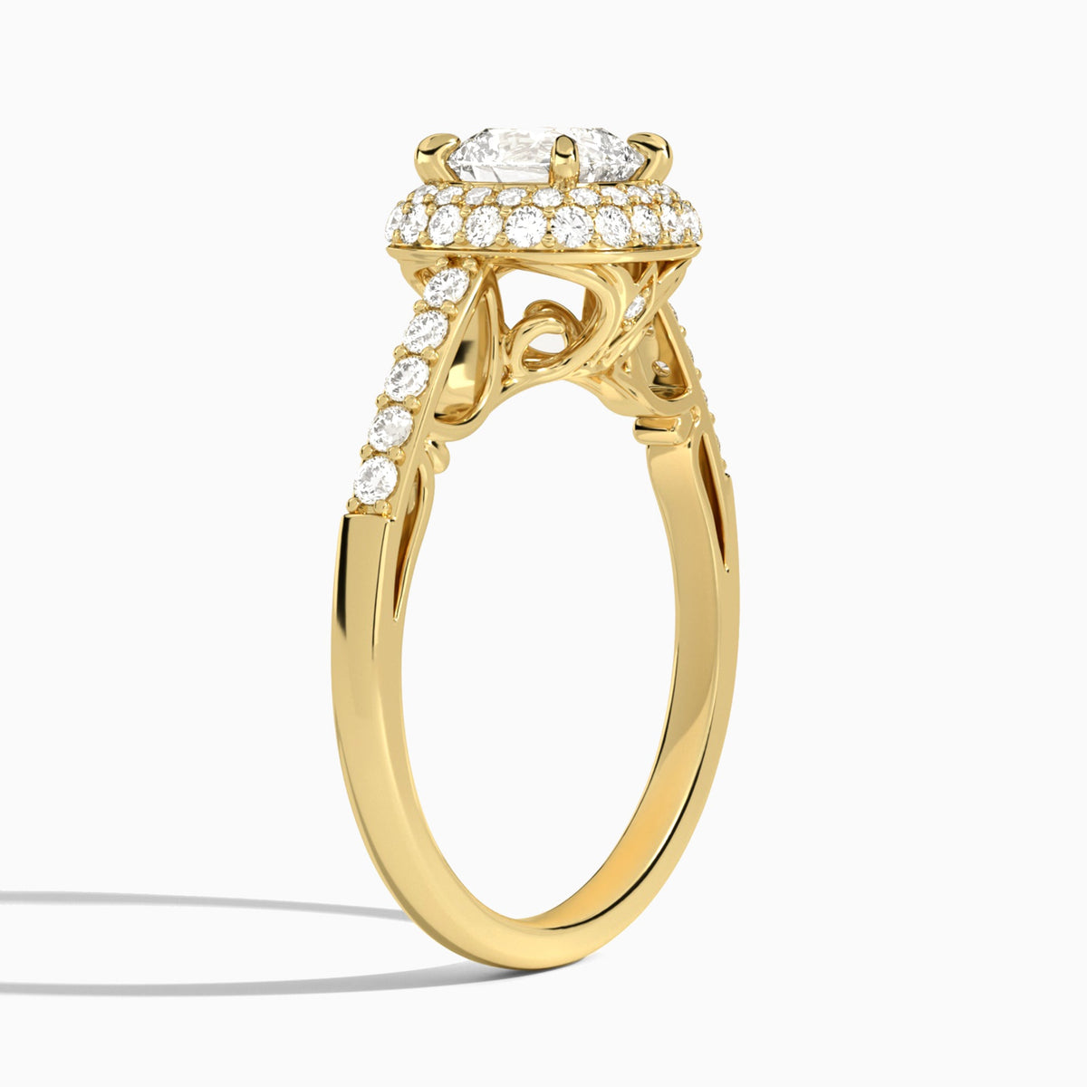 Cushion Luxe Regal Halo Lab Diamond Engagement Ring In 14K Yellow Gold, Angle View