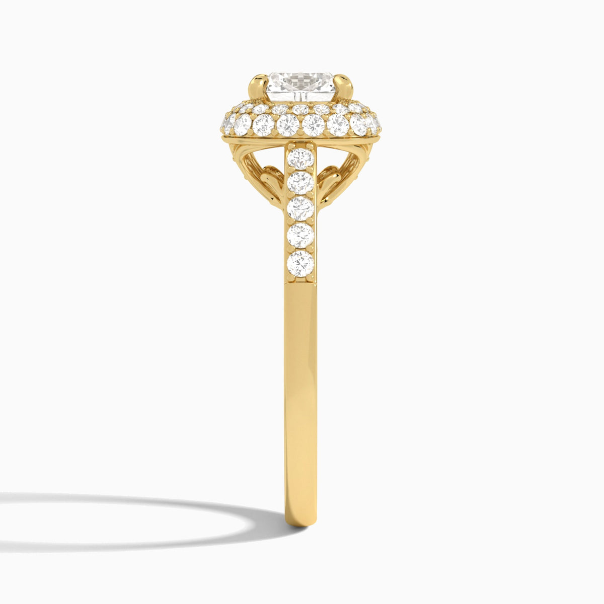 Cushion Luxe Regal Halo Lab Diamond Engagement Ring In 14K Yellow Gold, Side View