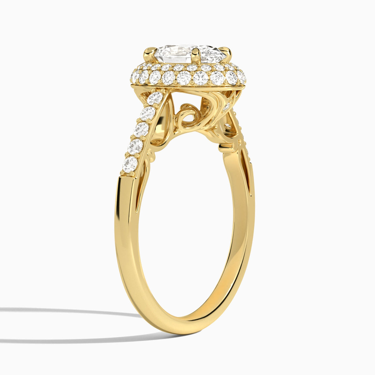 Oval Luxe Regal Halo Lab Diamond Engagement Ring In 14K Yellow Gold, Angle View
