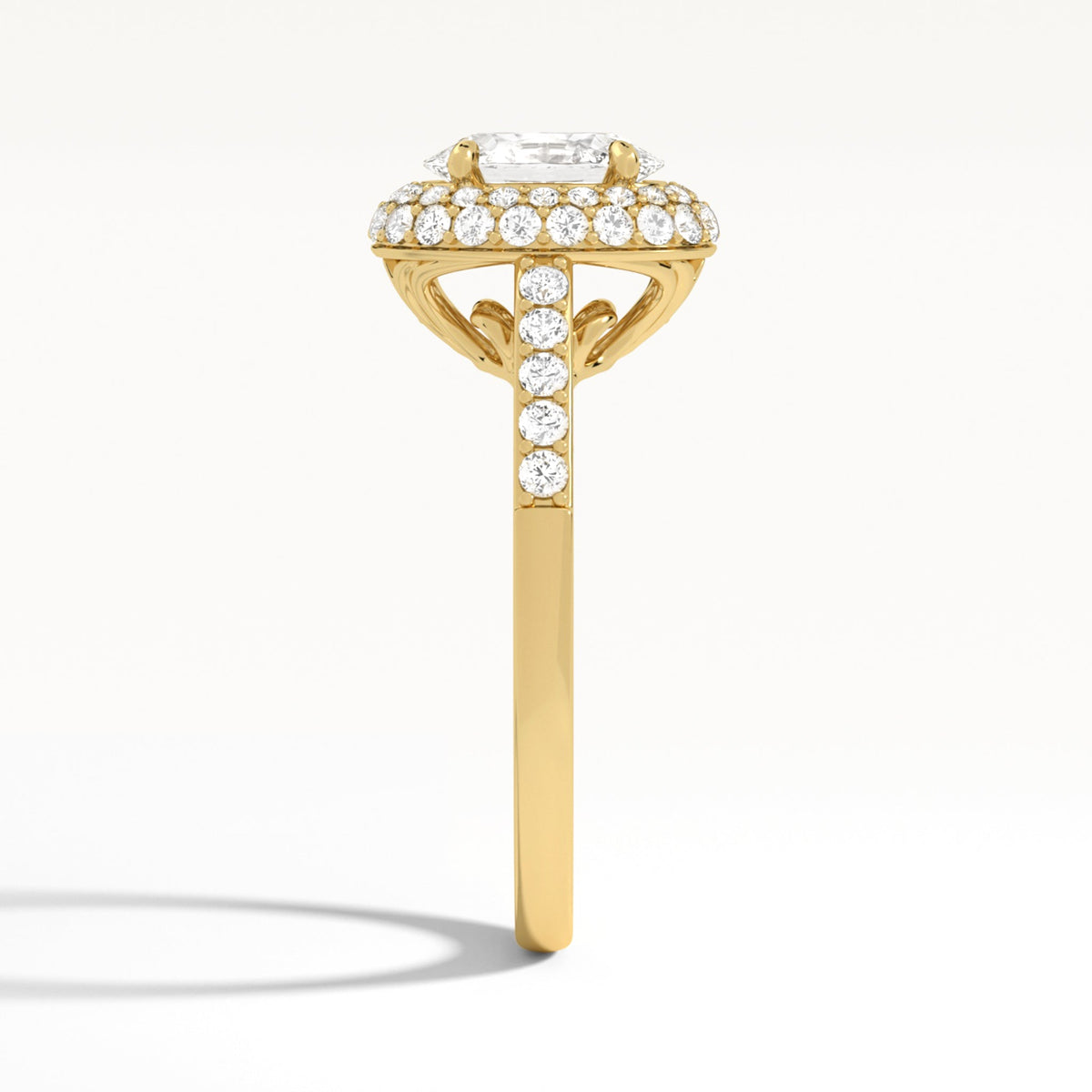 Oval Luxe Regal Halo Lab Diamond Engagement Ring In 18K Yellow Gold, Side View