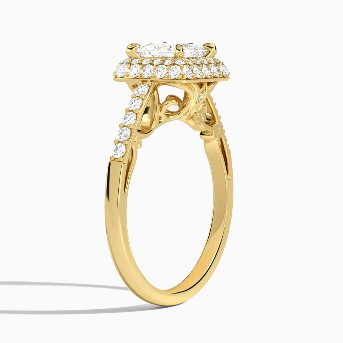 Princess Luxe Regal Halo Lab Diamond Engagement Ring In 18K Yellow Gold, Angle View