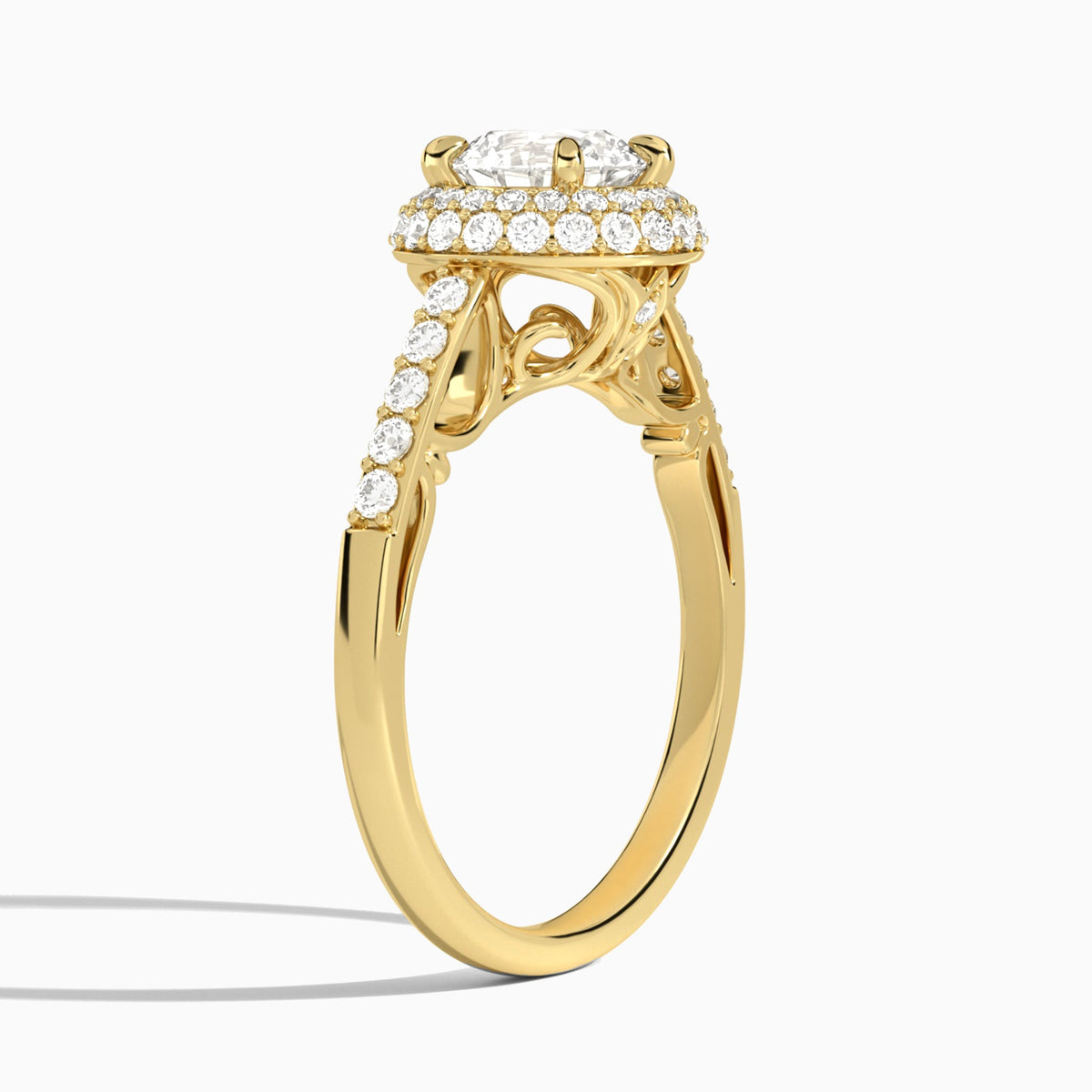 Round Luxe Regal Halo Lab Diamond Engagement Ring In 18K Yellow Gold, Angle View