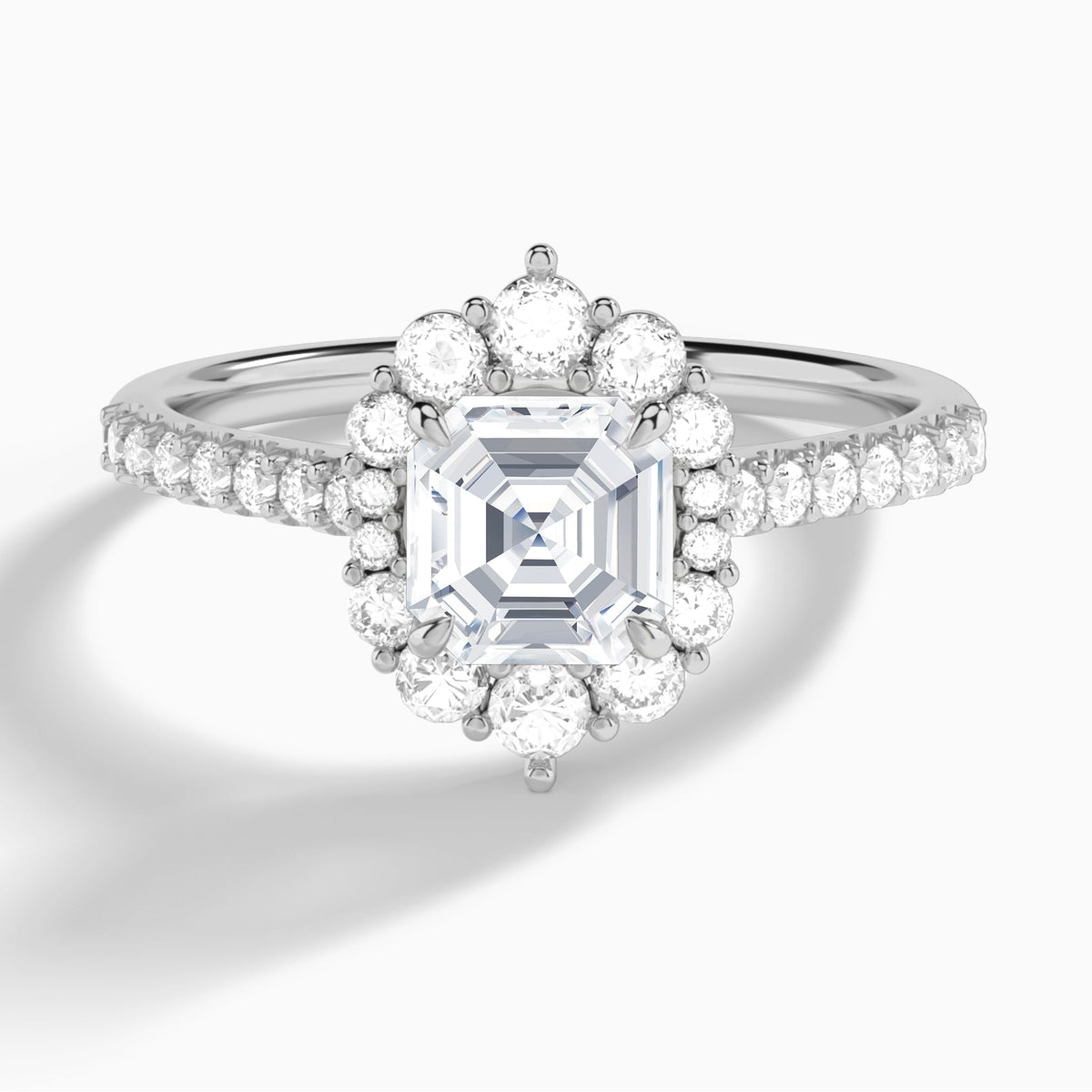 Asscher Pointed Graduated Halo Lab Diamond Engagement Ring In Platinum - Lucenjuri