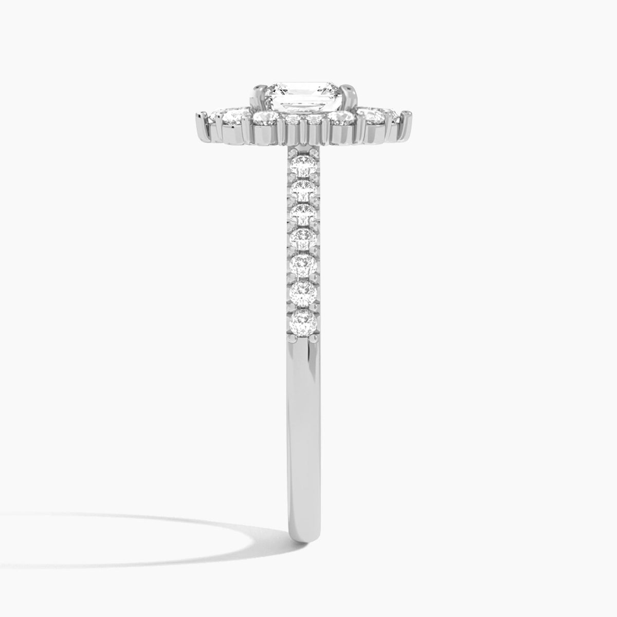 Asscher Pointed Graduated Halo Lab Diamond Engagement Ring In Platinum, Side View