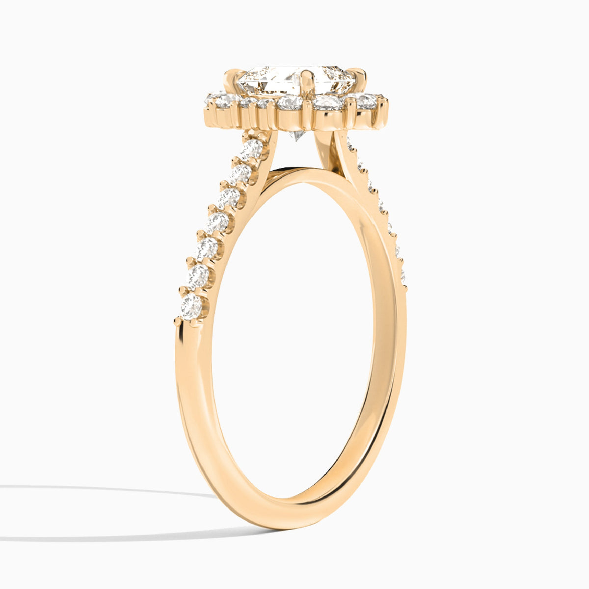 Asscher Pointed Graduated Halo Lab Diamond Engagement Ring In 14K Rose Gold, Angle View