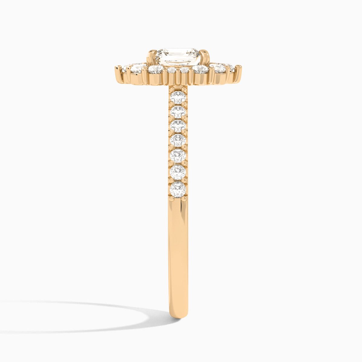 Asscher Pointed Graduated Halo Lab Diamond Engagement Ring In 14K Rose Gold, Side View