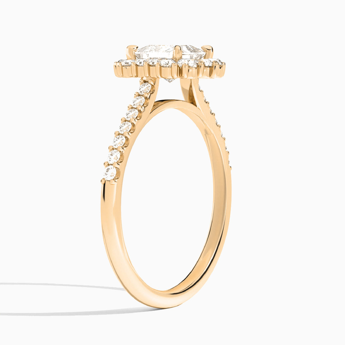 Princess Pointed Graduated Halo Lab Diamond Engagement Ring In 14K Rose Gold, Angle View