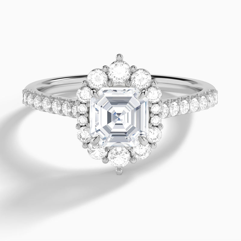 Asscher Pointed Graduated Halo Lab Diamond Engagement Ring In 18K White Gold - Lucenjuri