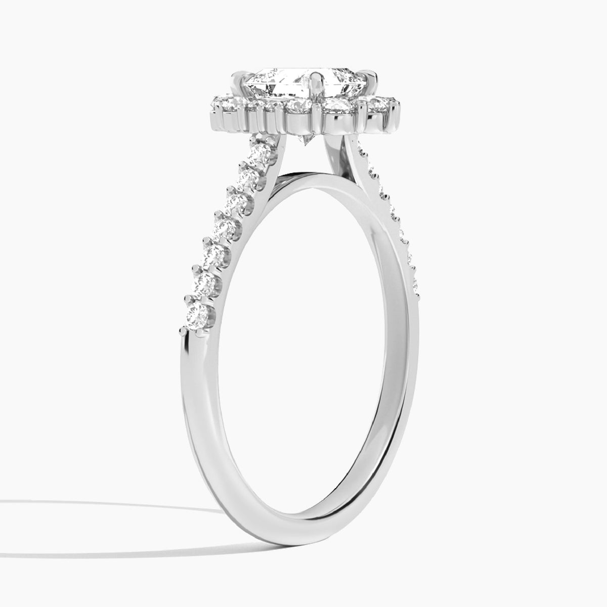 Asscher Pointed Graduated Halo Lab Diamond Engagement Ring In 18K White Gold, Angle View