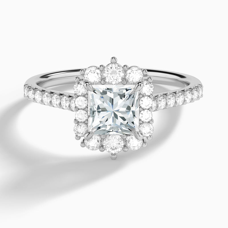 Princess Pointed Graduated Halo Lab Diamond Engagement Ring In 18K White Gold - Lucenjuri