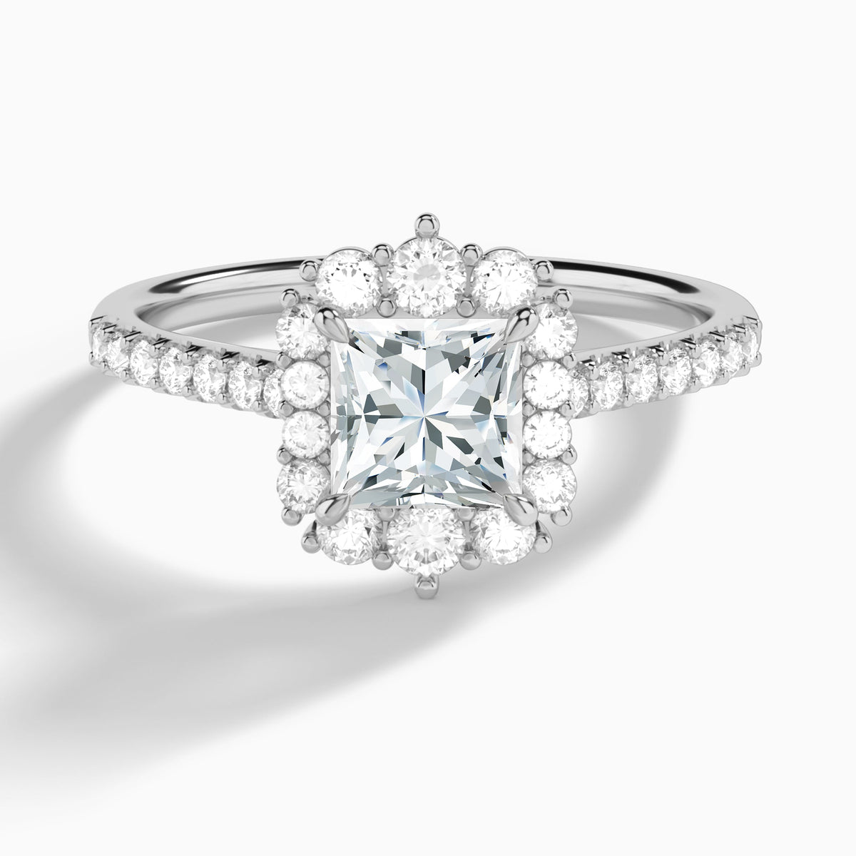 Princess Pointed Graduated Halo Lab Diamond Engagement Ring In 14K White Gold - Lucenjuri