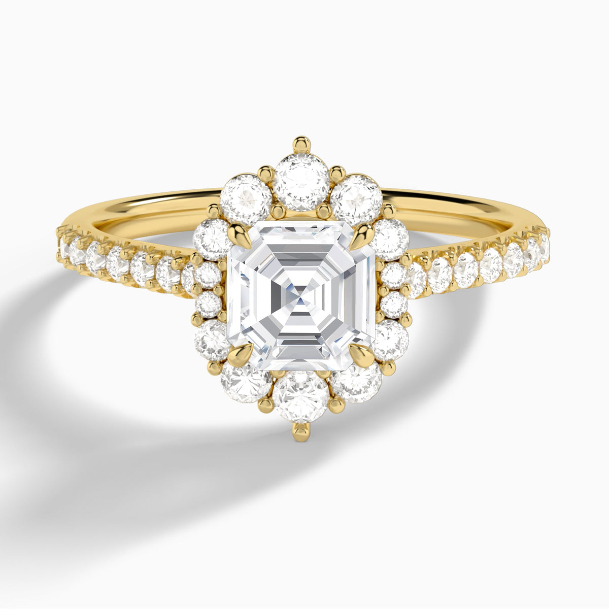 Asscher Pointed Graduated Halo Lab Diamond Engagement Ring In 18K Yellow Gold - Lucenjuri