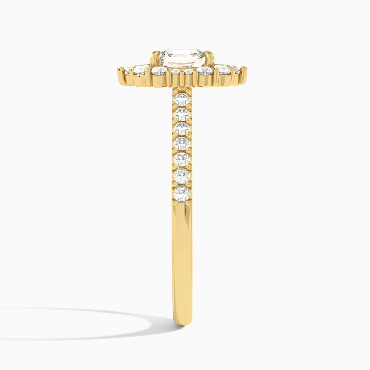 Asscher Pointed Graduated Halo Lab Diamond Engagement Ring In 18K Yellow Gold, Side View
