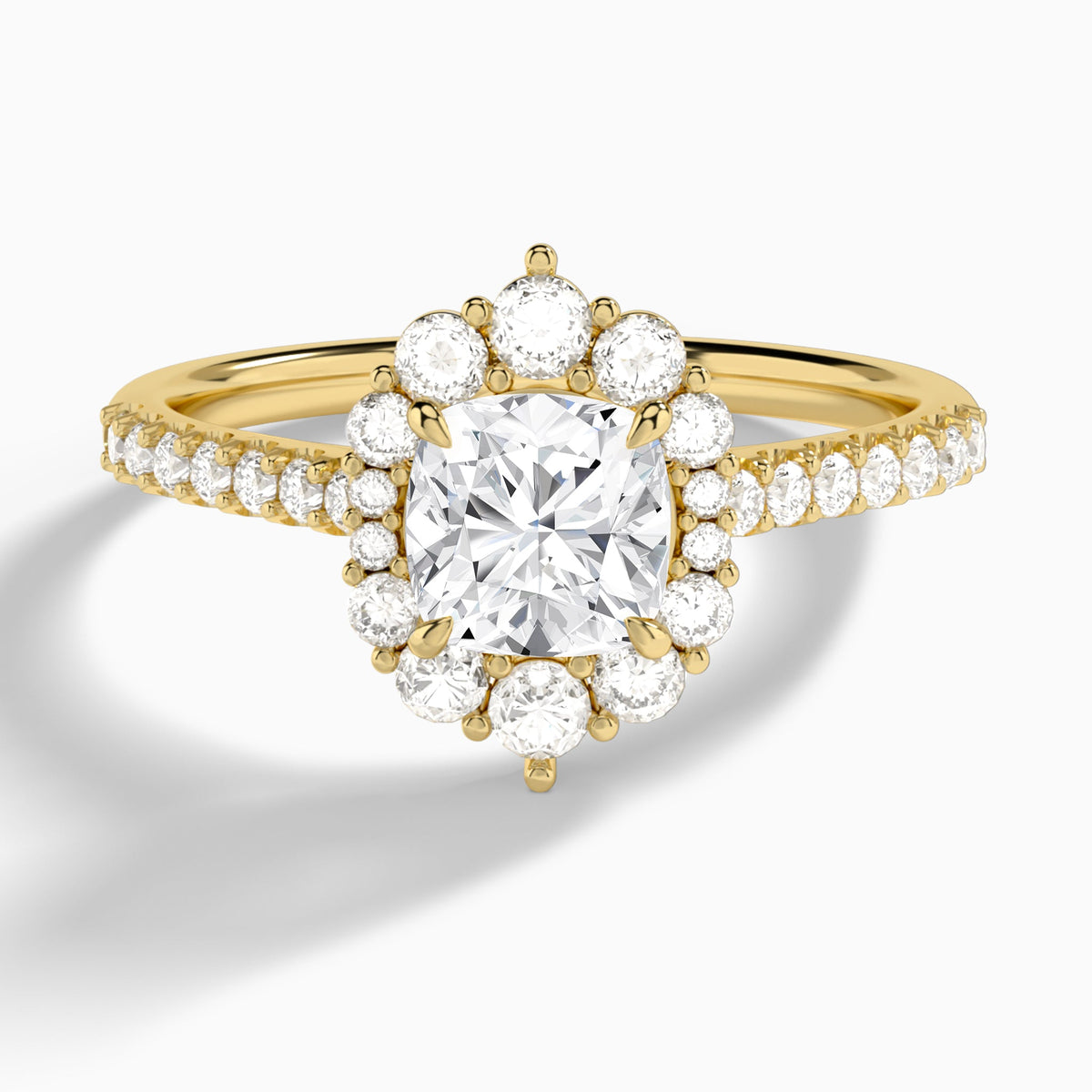 Cushion Pointed Graduated Halo Lab Diamond Engagement Ring In 14K Yellow Gold - Lucenjuri
