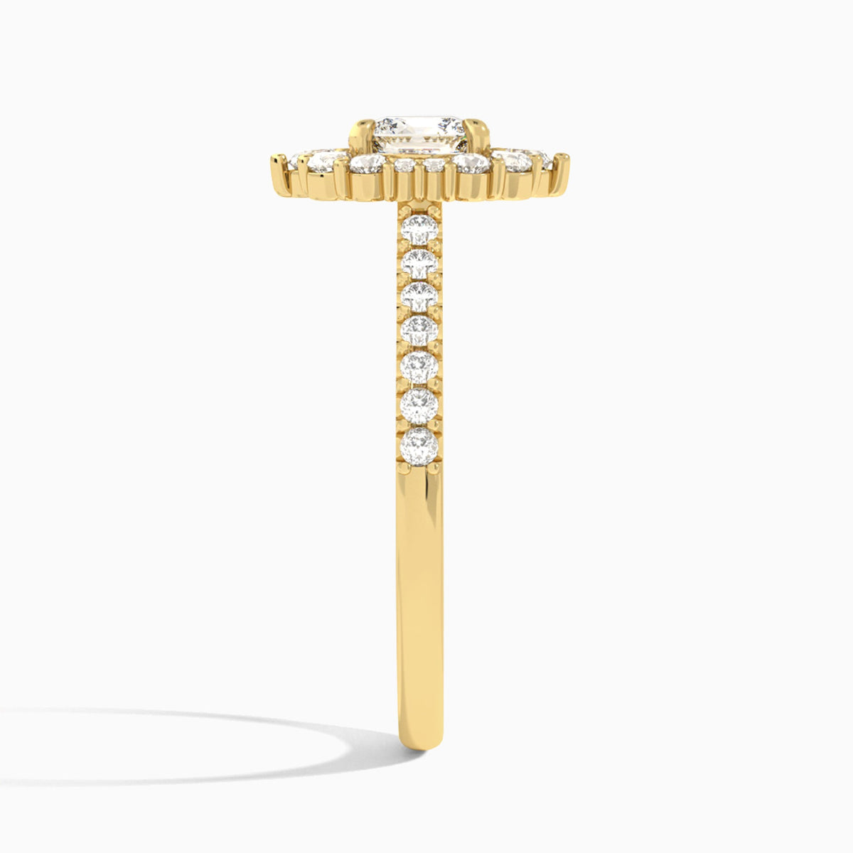 Cushion Pointed Graduated Halo Lab Diamond Engagement Ring In 18K Yellow Gold, Side View