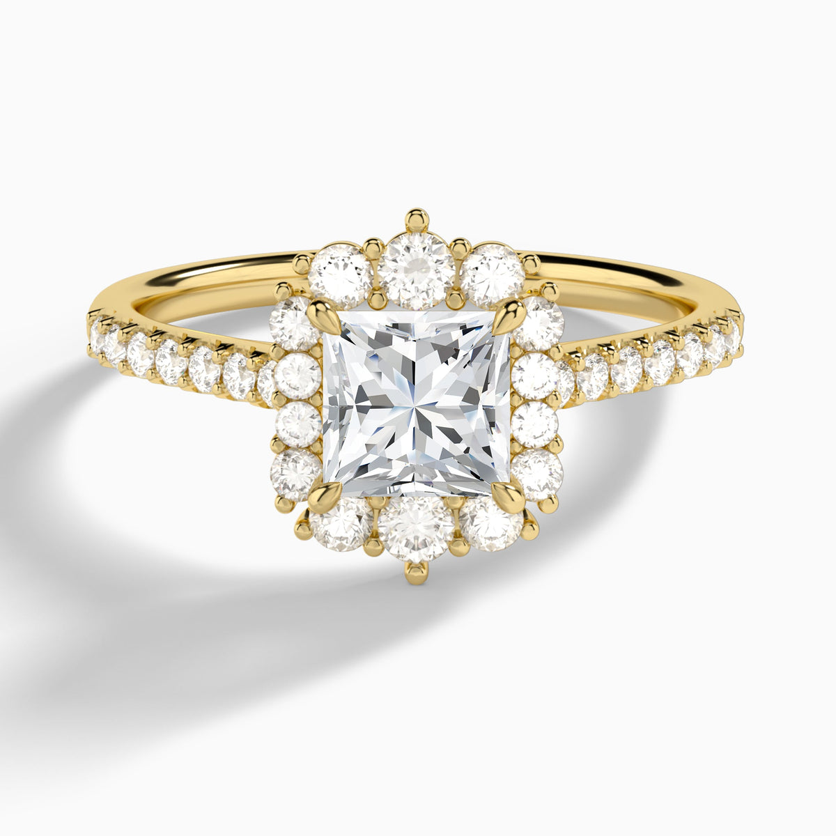 Princess Pointed Graduated Halo Lab Diamond Engagement Ring In 18K Yellow Gold - Lucenjuri
