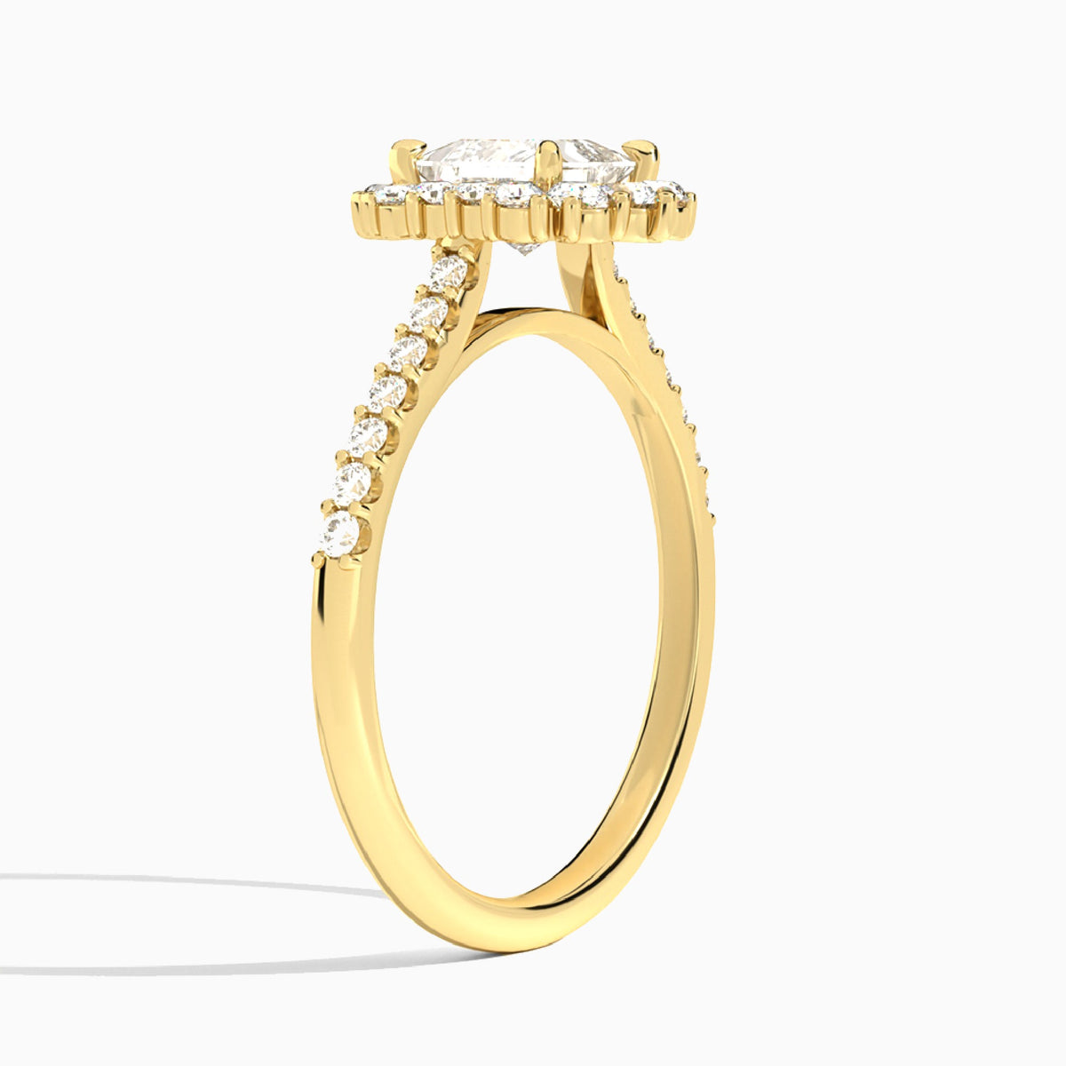 Princess Pointed Graduated Halo Lab Diamond Engagement Ring In 18K Yellow Gold, Angle View