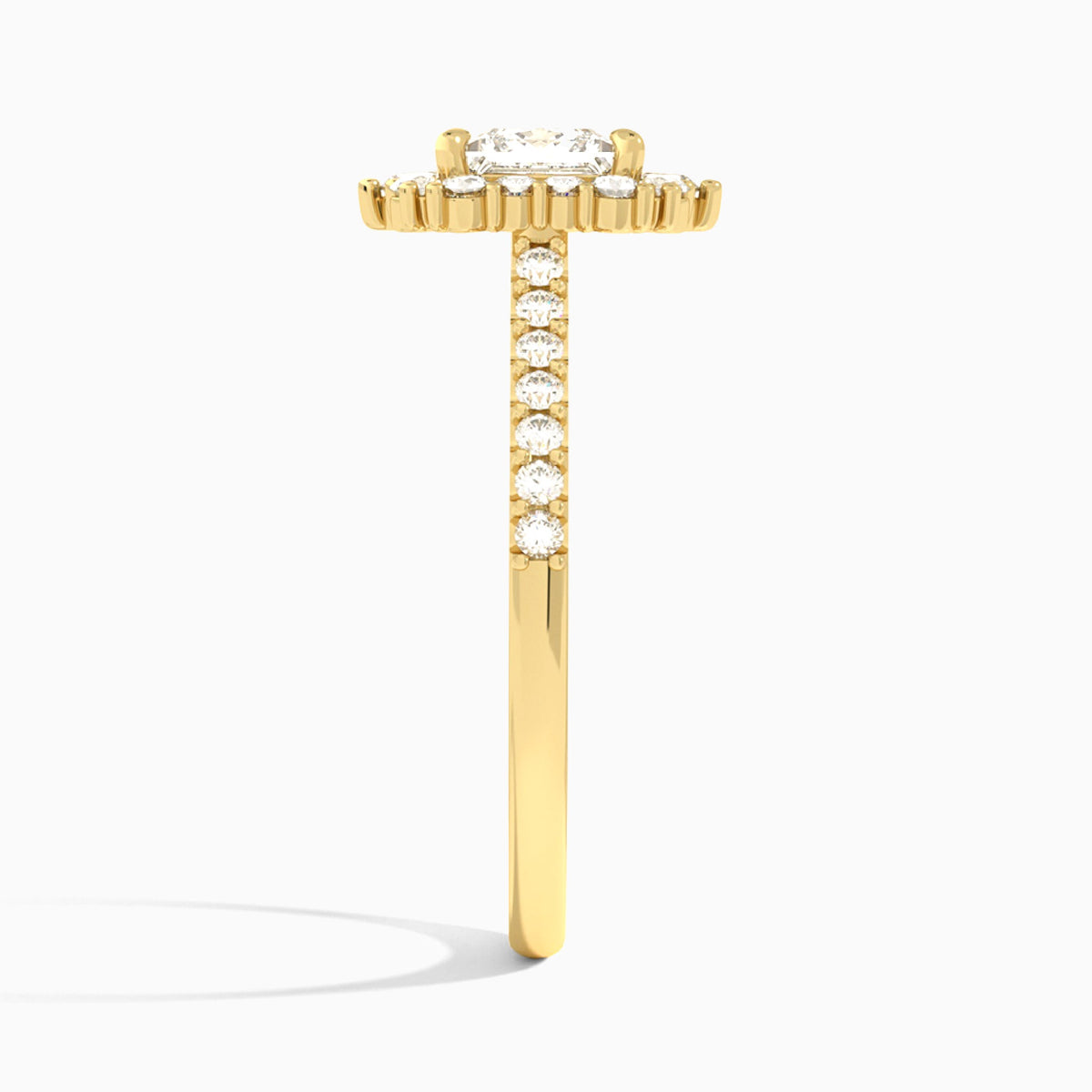 Princess Pointed Graduated Halo Lab Diamond Engagement Ring In 14K Yellow Gold, Side View