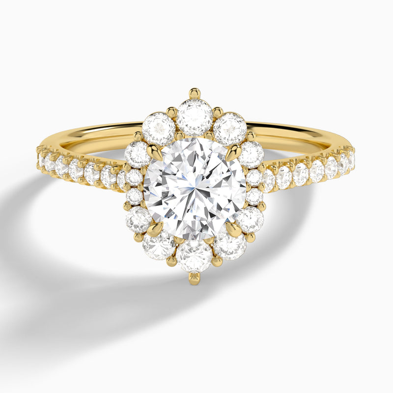 Round Pointed Graduated Halo Lab Diamond Engagement Ring In 18K Yellow Gold - Lucenjuri