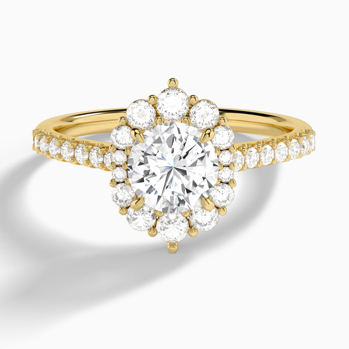 Round Pointed Graduated Halo Lab Diamond Engagement Ring In 18K Yellow Gold - Lucenjuri