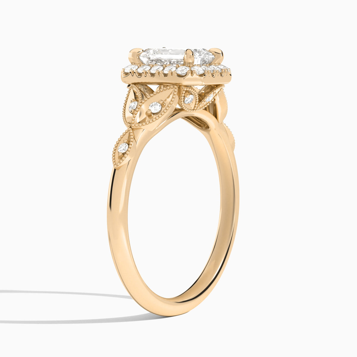 Emerald Hyacinth Halo Lab Grown Diamond Engagement Ring In 14K Rose Gold, Angle View