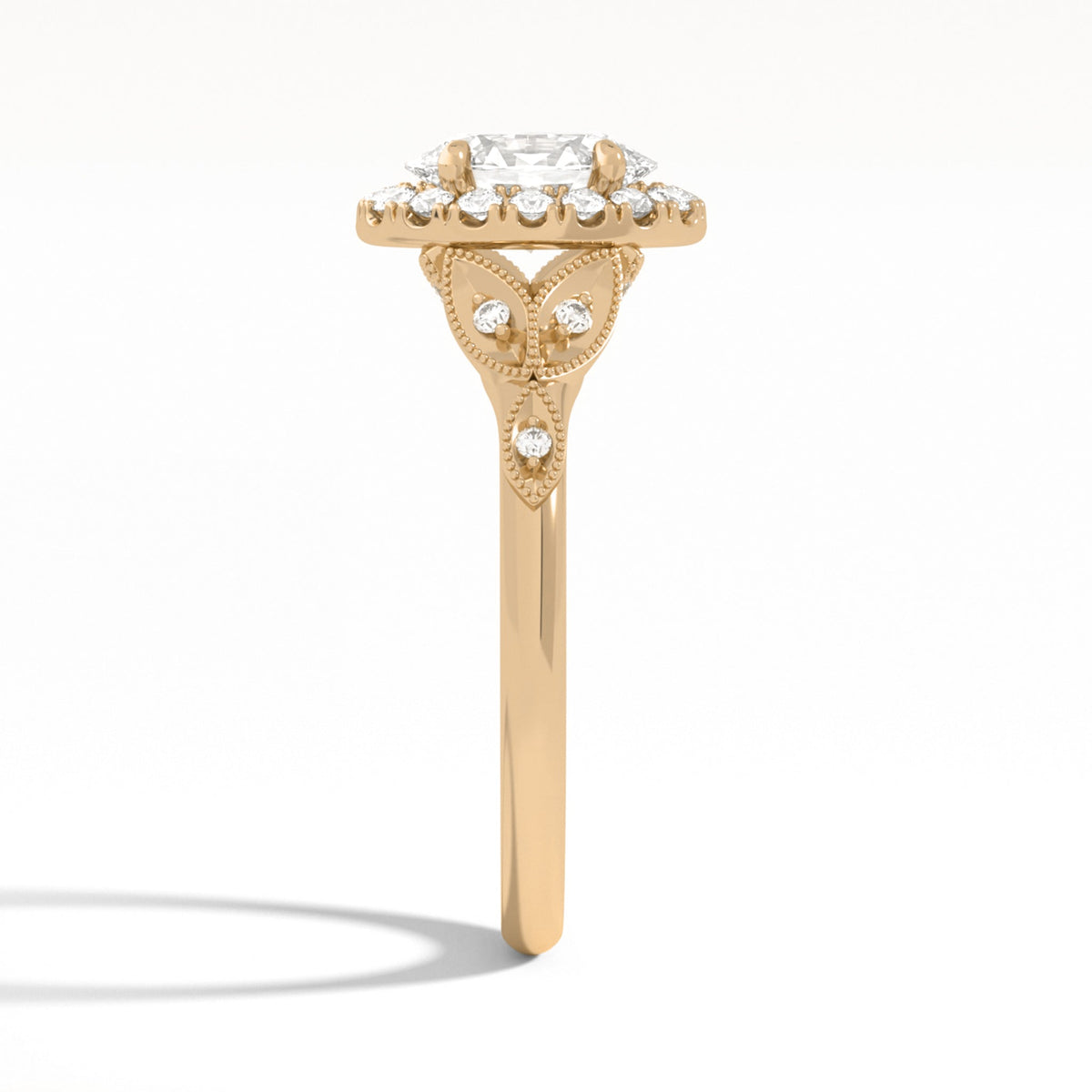 Oval Hyacinth Halo Lab Grown Diamond Engagement Ring In 14K Rose Gold, Side View