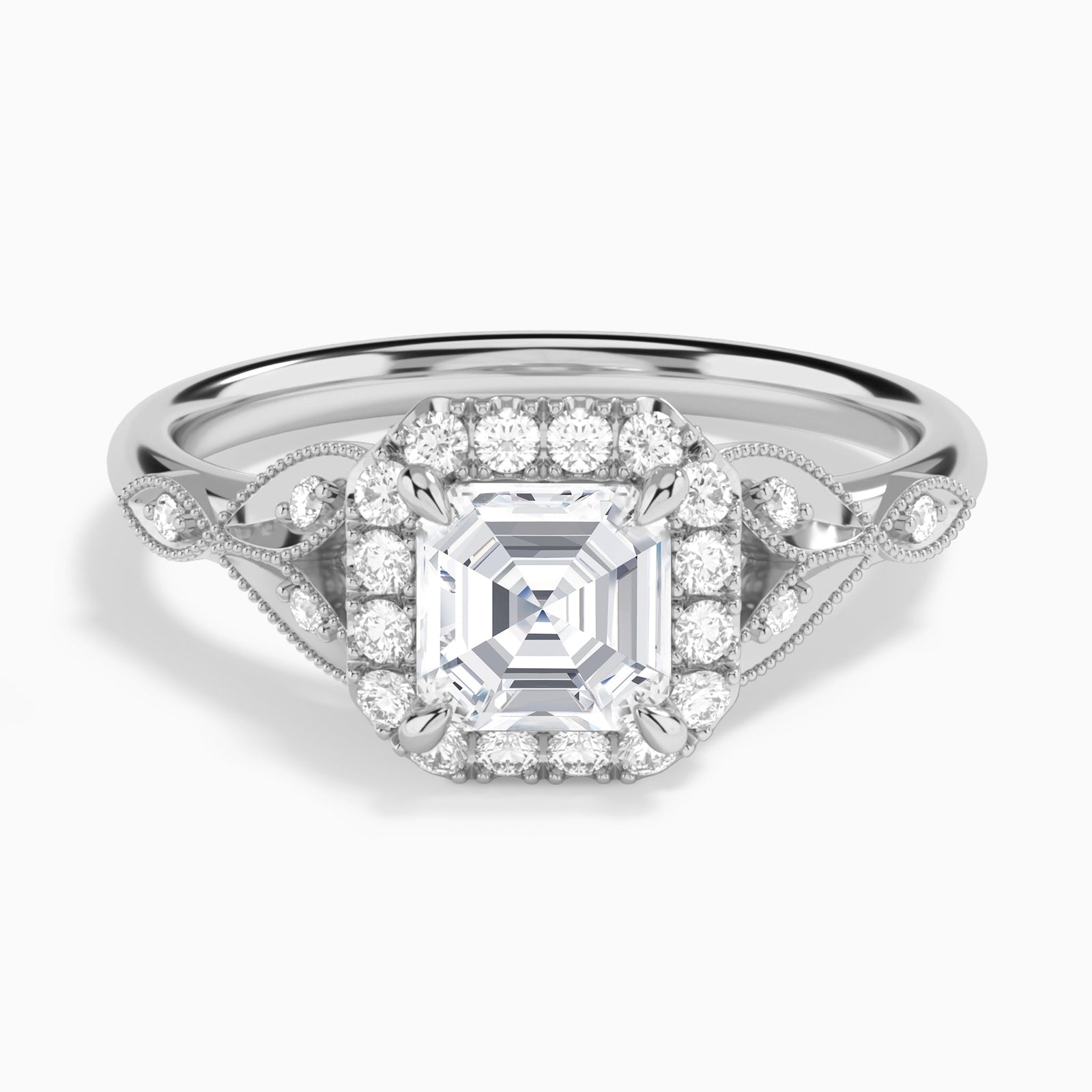 Asscher Hyacinth Halo Lab Grown Diamond Engagement Ring In 14K White Gold - Lucenjuri