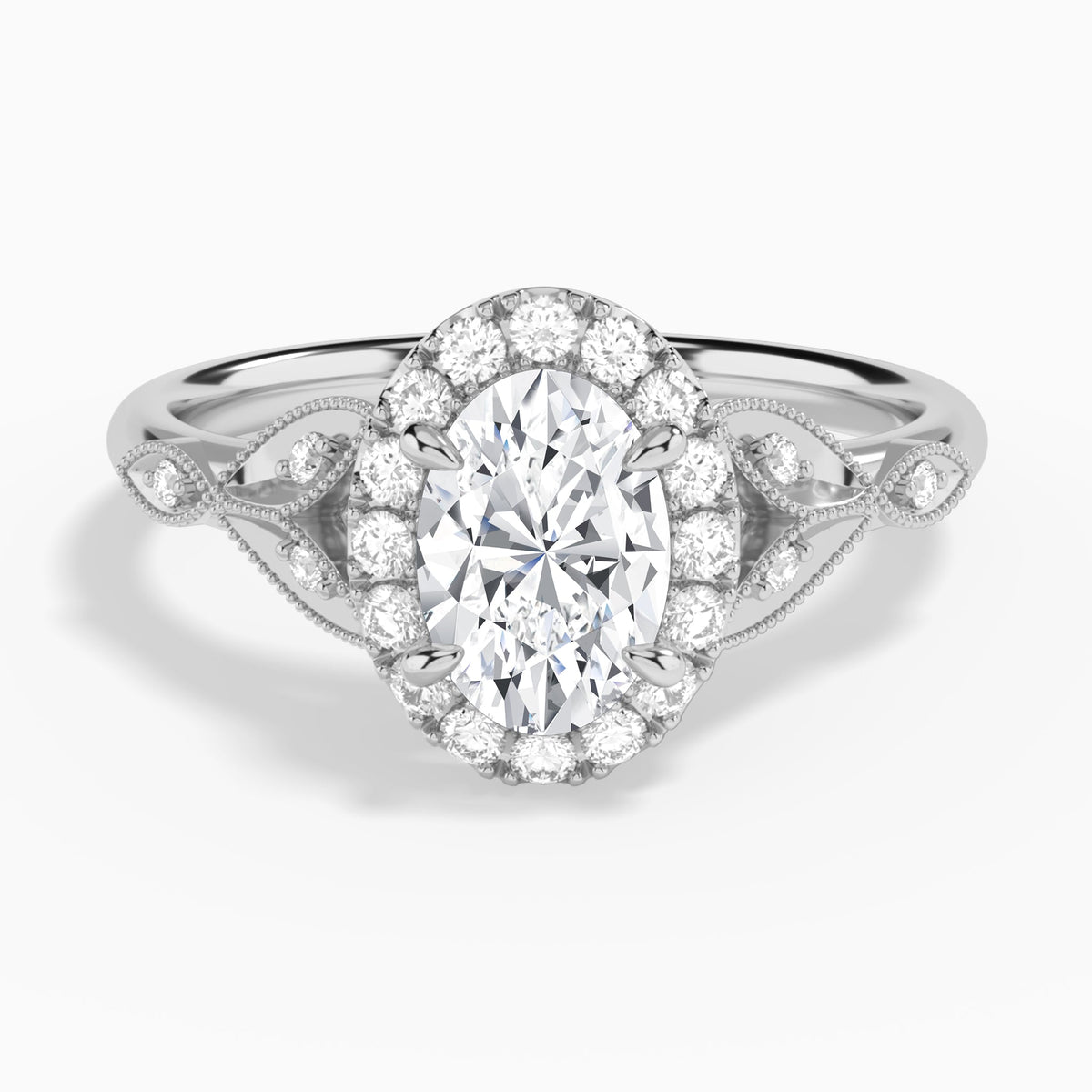 Oval Hyacinth Halo Lab Grown Diamond Engagement Ring In 14K White Gold - Lucenjuri