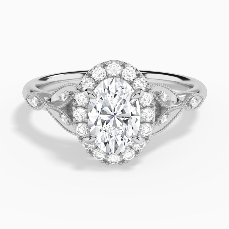 Oval Hyacinth Halo Lab Grown Diamond Engagement Ring In 18K White Gold - Lucenjuri