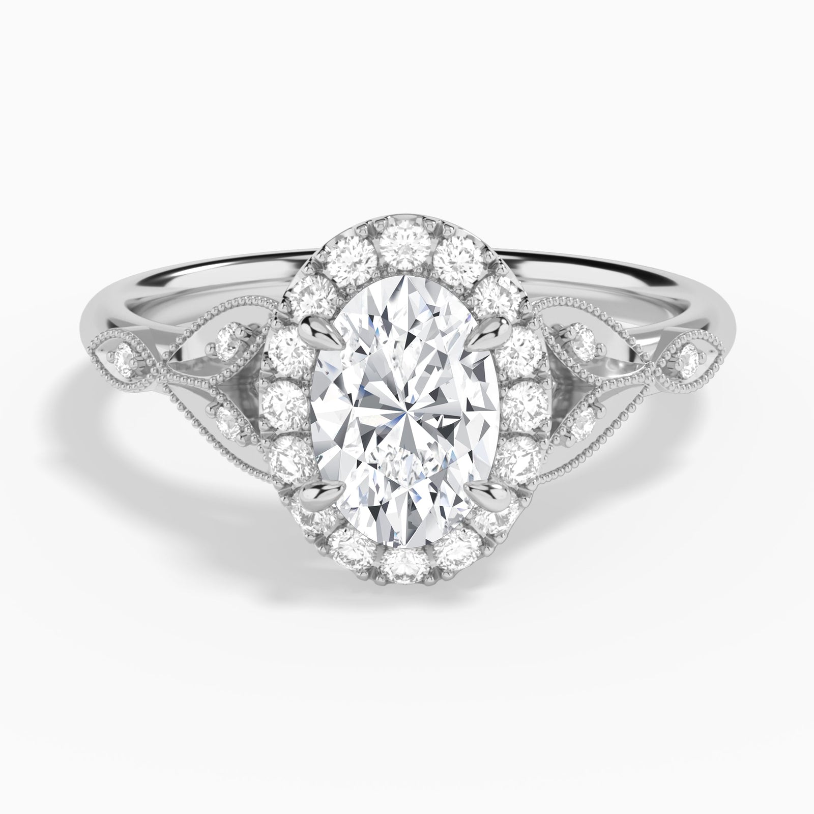 Oval Hyacinth Halo Lab Grown Diamond Engagement Ring In 18K White Gold - Lucenjuri