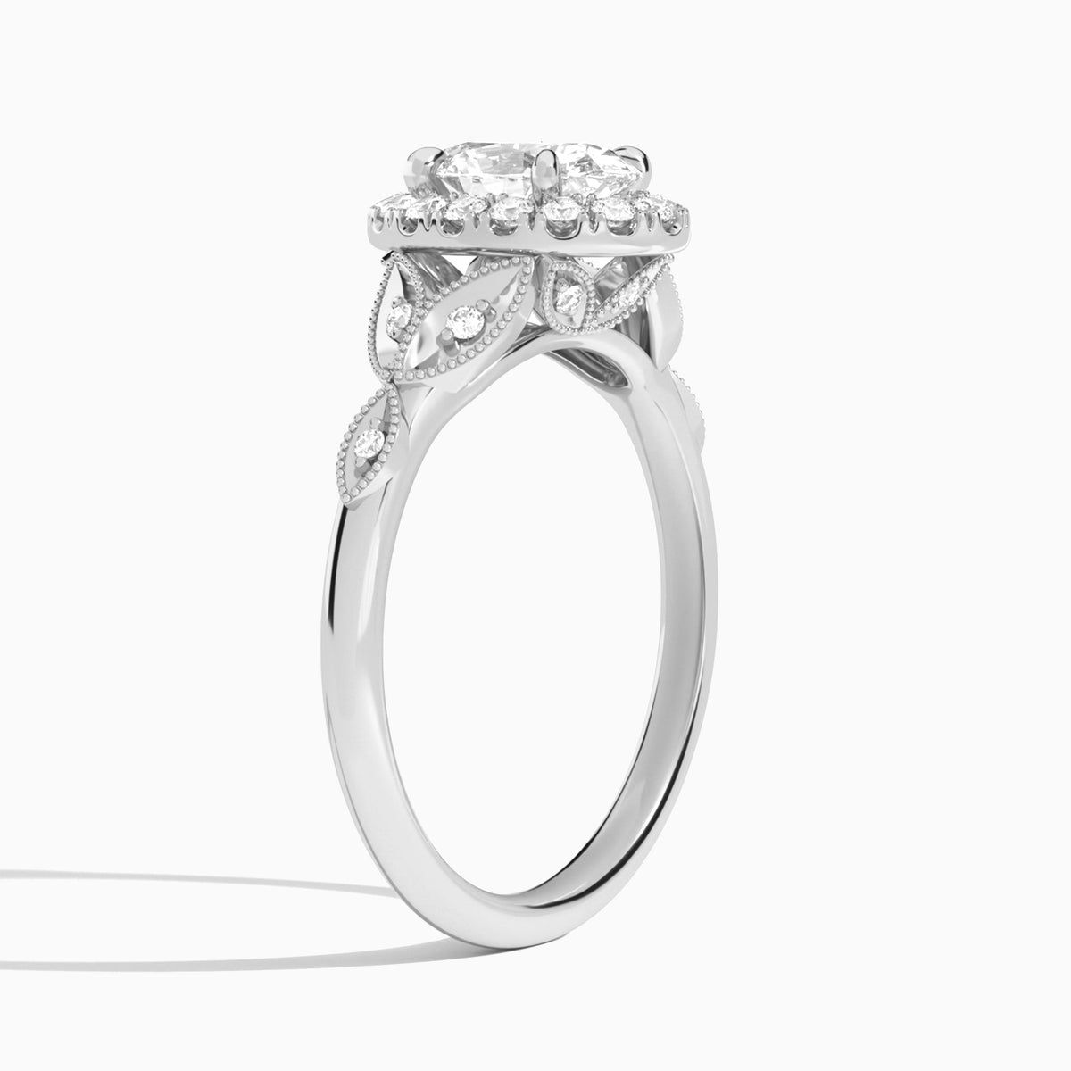 Oval Hyacinth Halo Lab Grown Diamond Engagement Ring In 14K White Gold, Angle View