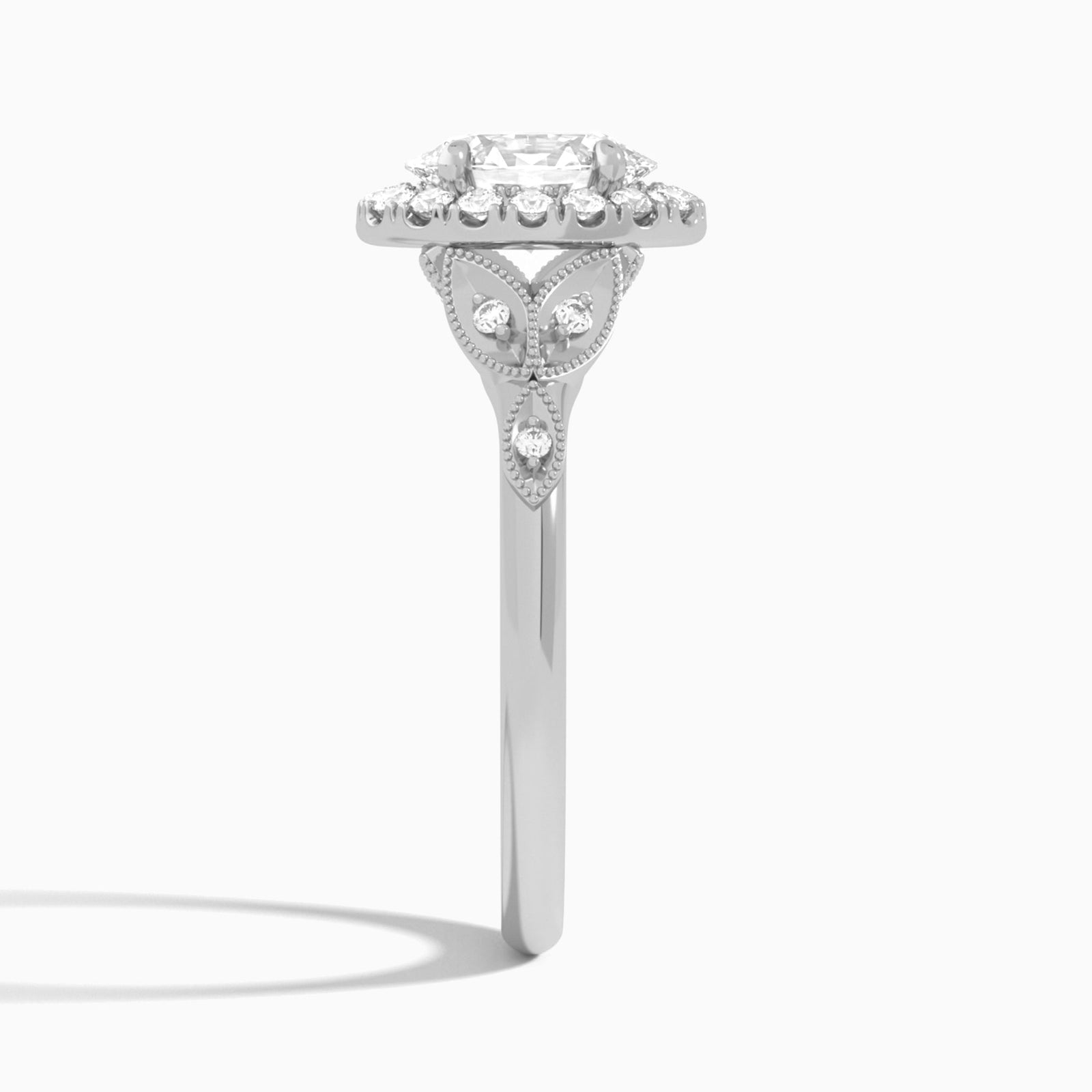 Oval Hyacinth Halo Lab Grown Diamond Engagement Ring In 18K White Gold, Side View