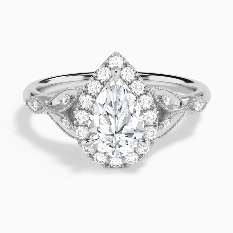 Pear Hyacinth Halo Lab Grown Diamond Engagement Ring In 14K White Gold - Lucenjuri